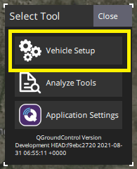 QGC Main Menu Popup: highlighting Vehicle Setup