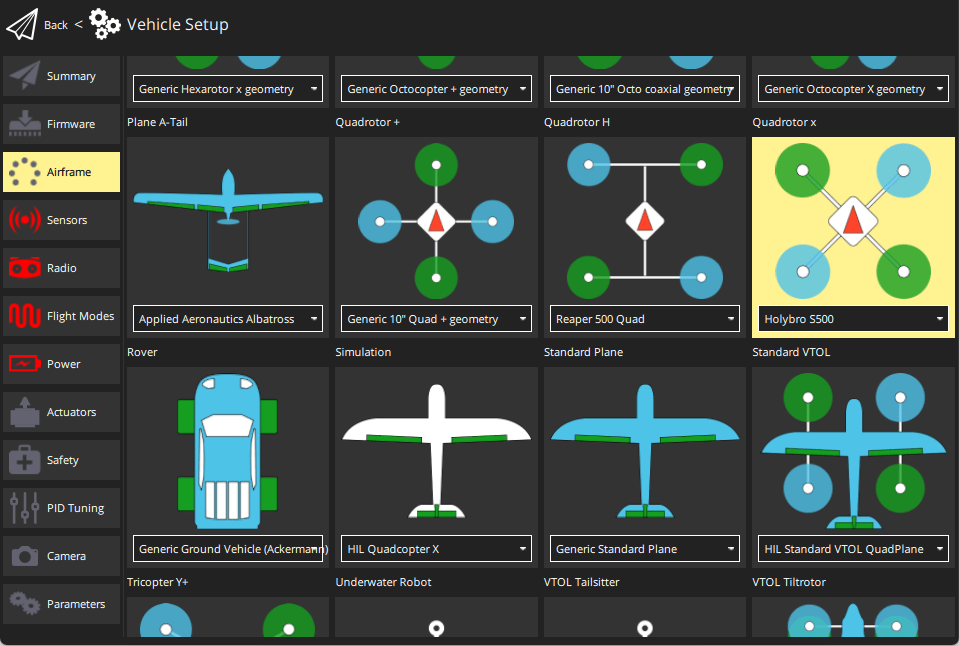 QGroundControl - Select HolyBro X500 airframe