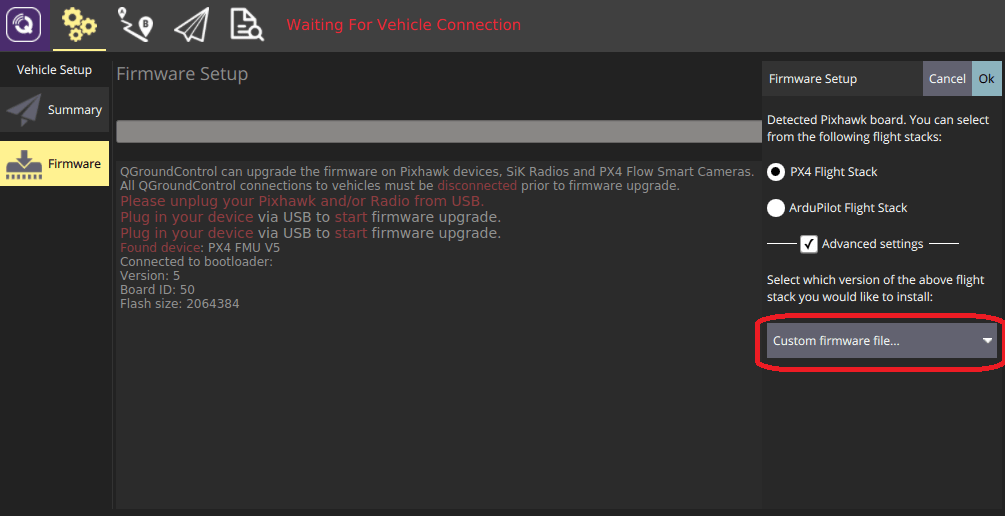 QGC flash custom firmware